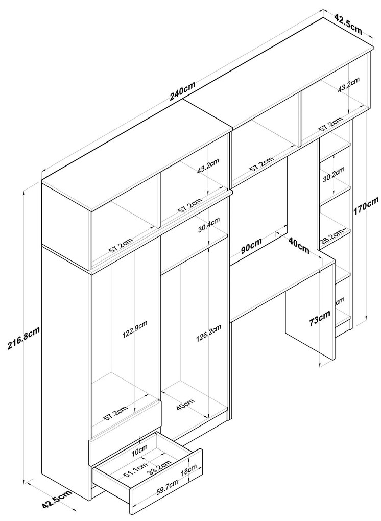 Conjunto de Quarto de Estudo BA122 – Nogueira/Branco – 240 cm x 216,8