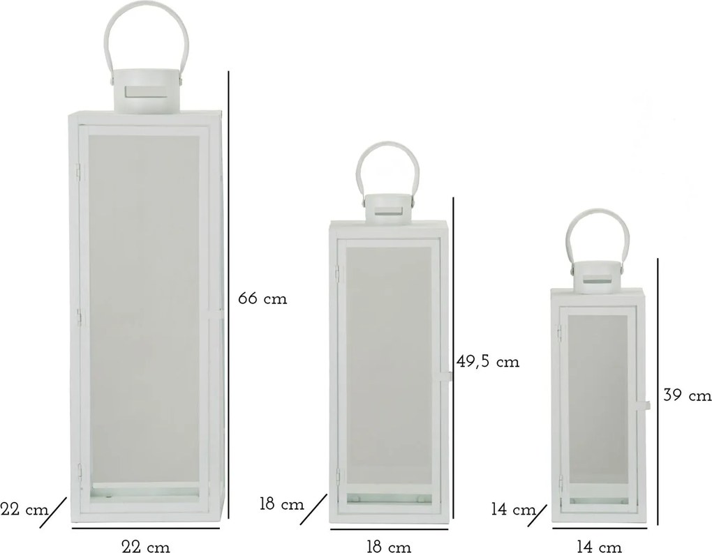 Conjunto de 3 Lanternas Brancas em Metal e Vidro – 66 cm, 49,5 cm e 39