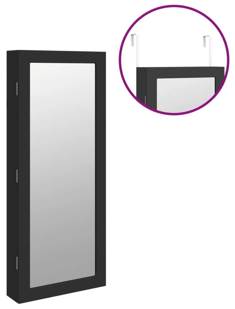 Móvel para joias de parede espelhado com luzes LED preto