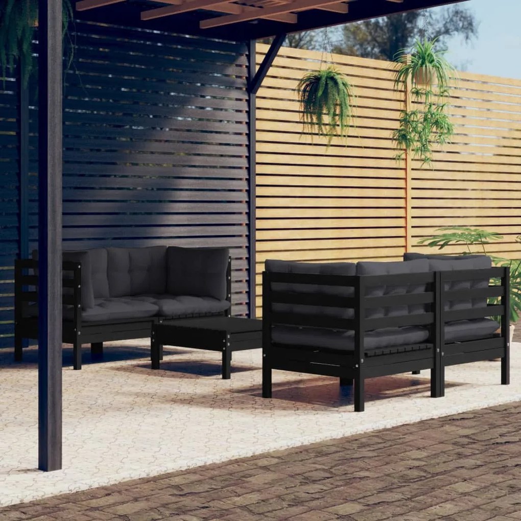 vidaXL 5 pcs conj. lounge de jardim com almofadões antracite pinho