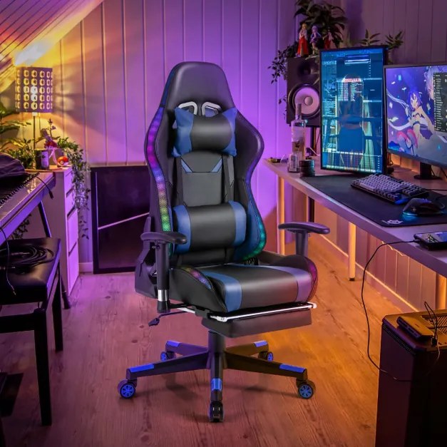 Cadeira Gamer com luzes LED RGB giratória ergonômica com apoio de braço de altura ajustável Suporte de mesa retrátil Azul