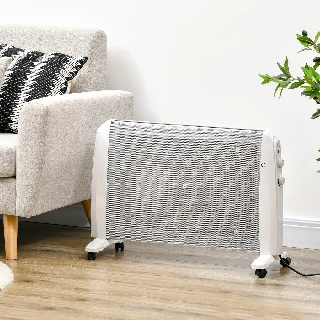 HOMCOM Aquecedor Elétrico 1000W/2000W Aquecedor de Mica com 2 Níveis de Potência Termostato Regulável e 4 Rodas para Ambientes de 15-20 m² Silencioso 79x27x54 cm Branco