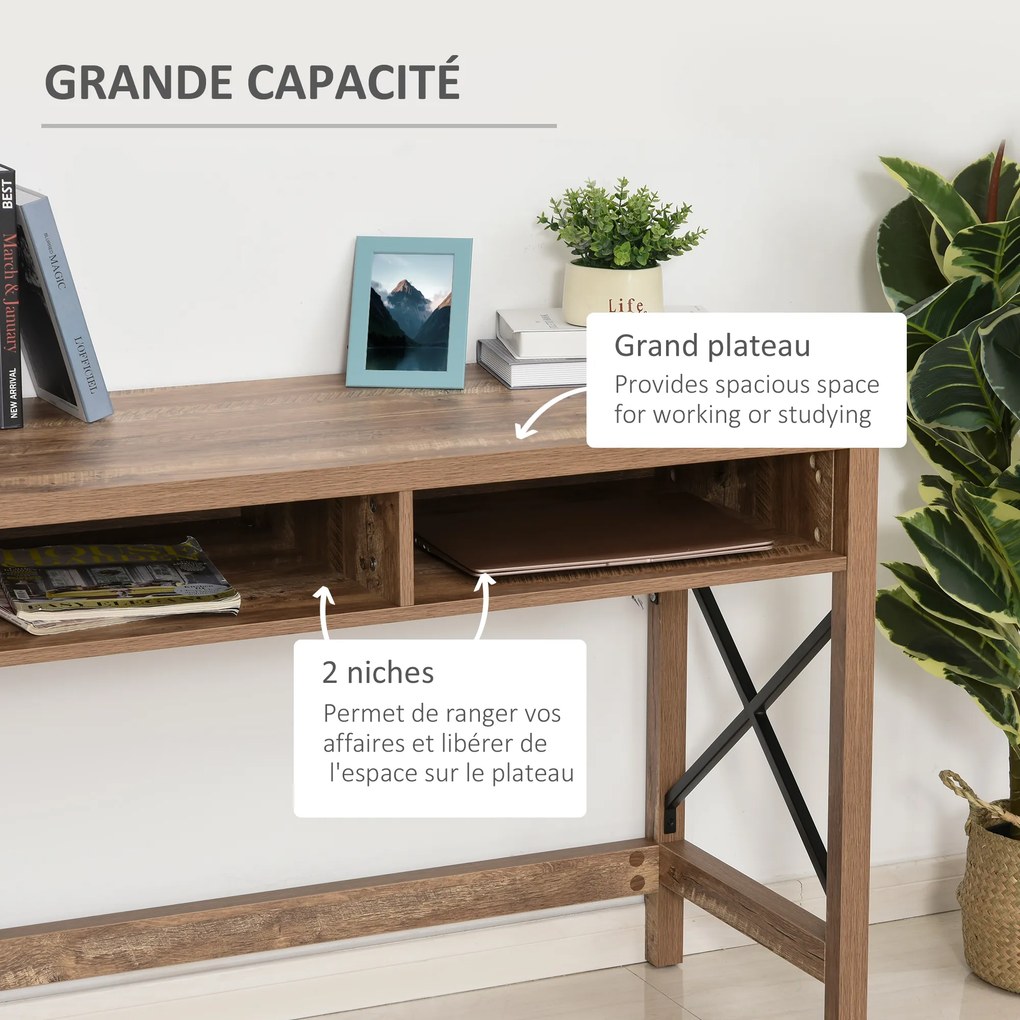 Secretária de design industrial com tampo grande, 2 compartimentos abertos metálicos pretos e painéis de aglomerado com imitação de madeira com veios