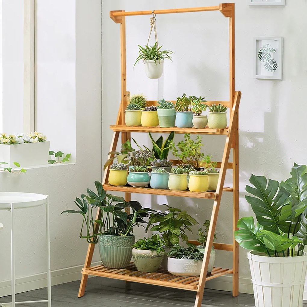 Estante decorativa dobrável para plantas e flores para interior, exterior, relvado, jardim, varanda, 70 x 40 x 120-144 cm bambu