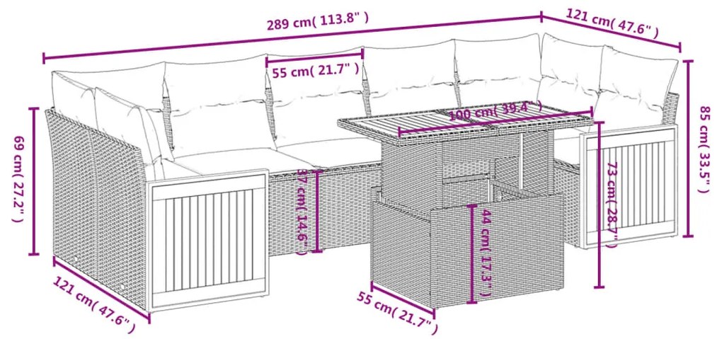 8 pcs conjunto de sofás p/ jardim com almofadões vime PE bege