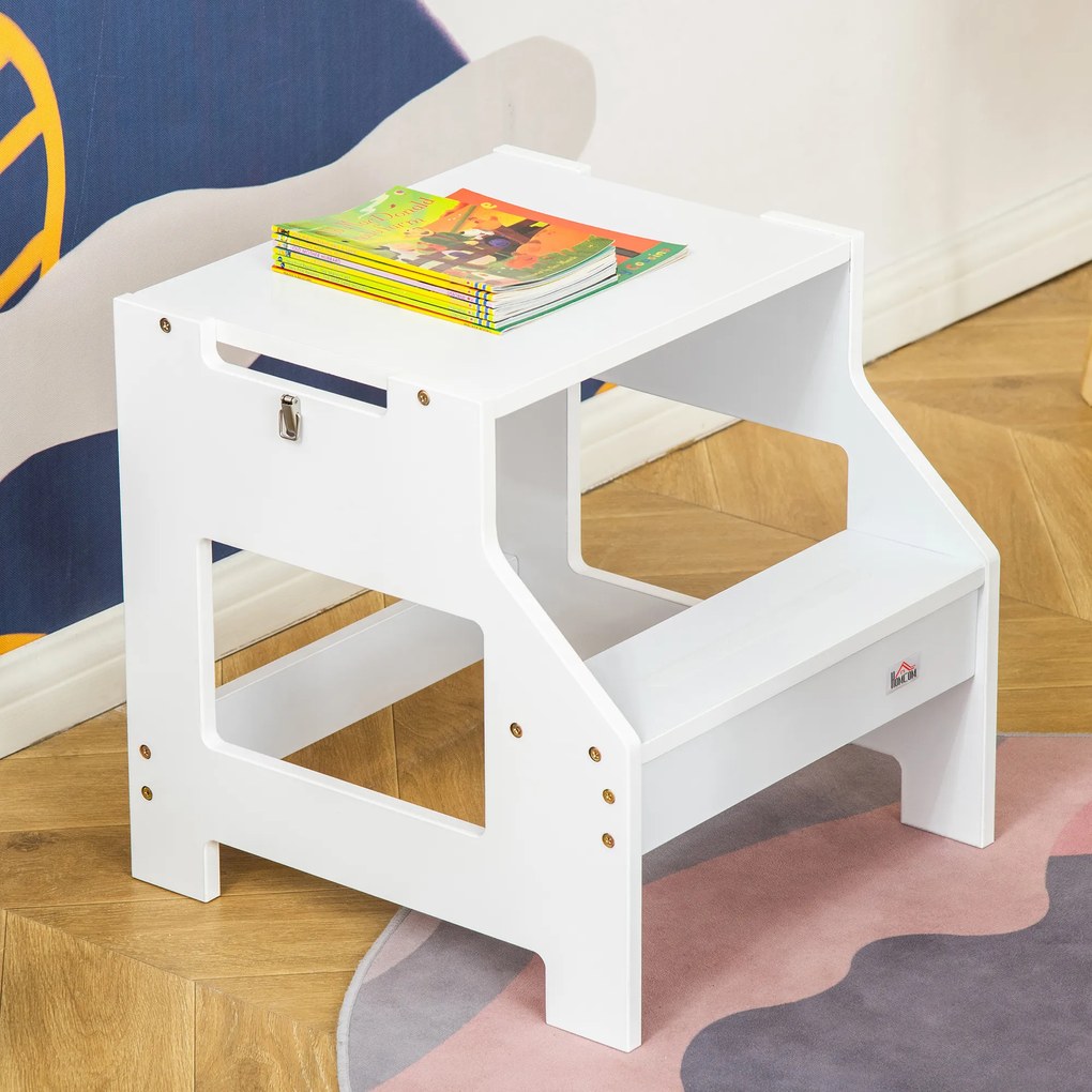HOMCOM Torre de Aprendizagem para Crianças 3-6 Anos de Madeira Torre de Aprendizagem Infantil Convertível em Secretária com Ardósia e Barra de Segurança para Casa de Banho Cozinha 42x44x86cm Branco