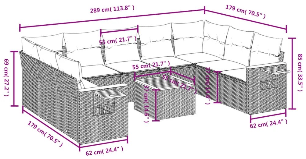 10 pcs conjunto sofás de jardim c/ almofadões vime PE cinzento