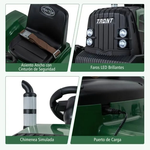 Trator elétrico de 24 V para crianças com reboque removível Controlo remoto Música Porta USB Luzes LED verde