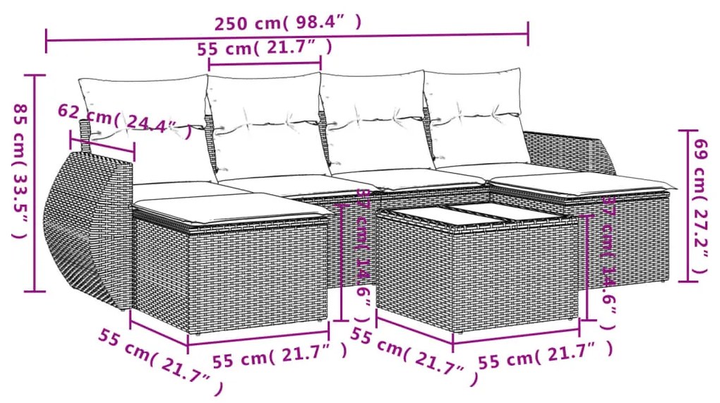 7 pcs conj. sofás jardim com almofadões vime PE cinzento-claro