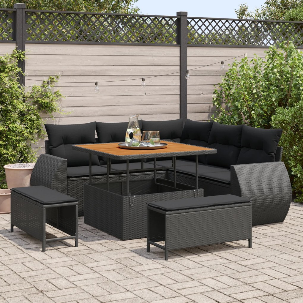 Conjunto de Sofá de Jardim 8 Peças com Almofadas Preto Rattan Poliéster Acácia
