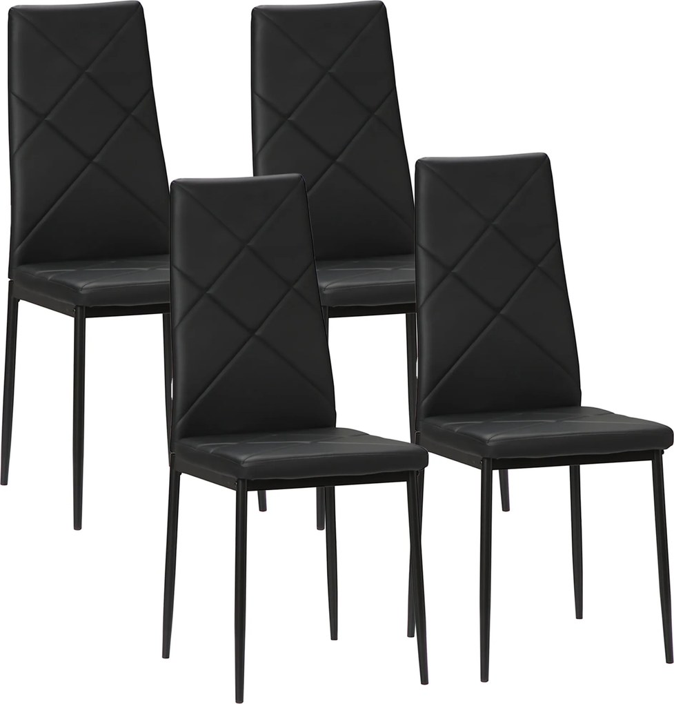 Conjunto de 4 Cadeiras de Sala de Jantar (MESA NÃO INCLUIDA) Estofadas em Couro Sintético com Encosto Alto e Pés de Aço 41x50x97cm Preto