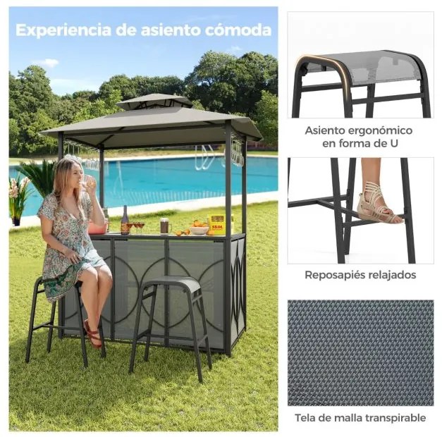 Conjunto de bar de Jardim de 3 peças Tenda de churrasco + 2 bancos de bar Mesa temperada Estantes de metal e suportes de vidro Cinzento