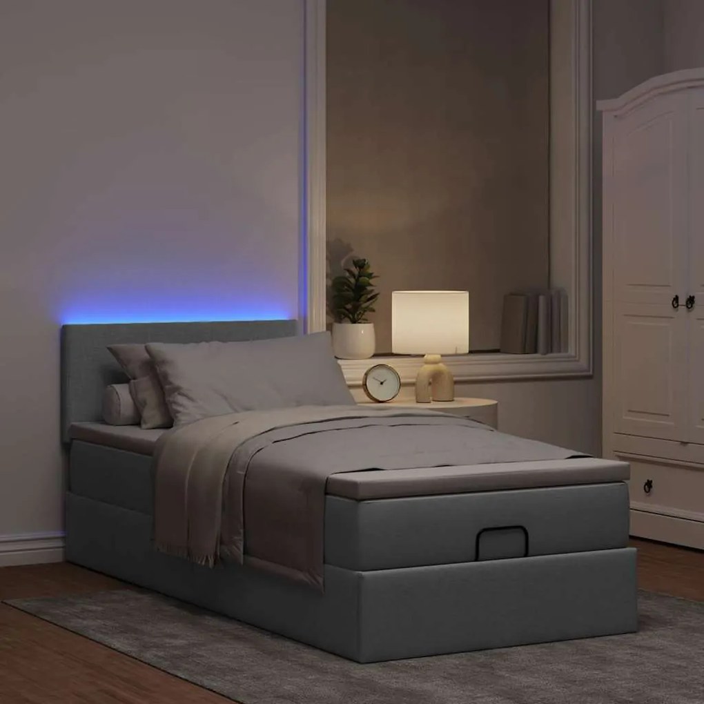 Cama Otomana com colchão & LEDs 90x200 cm tecido cinzento claro