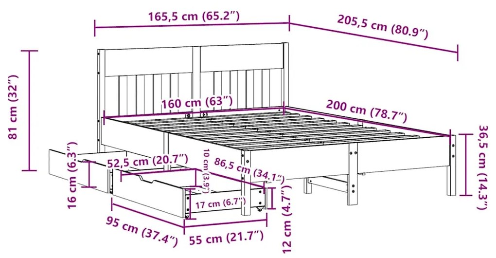 Cama sem colchão 160x200 cm madeira de pinho maciça branco