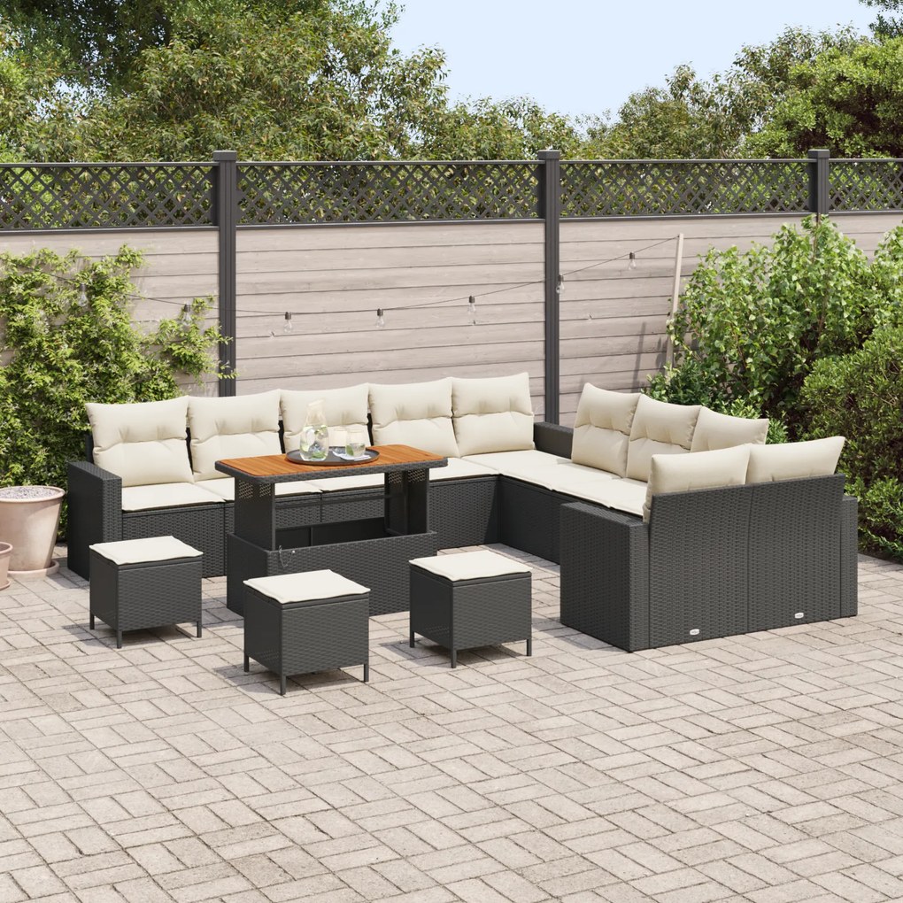 Conjunto de Sofá de Jardim de 14 Peças com Almofadas Preto Poli Rattan