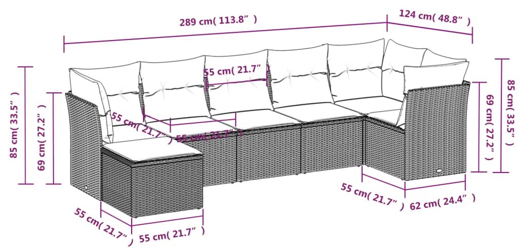 7 pcs conjunto sofás p/ jardim c/ almofadões vime PE cinzento