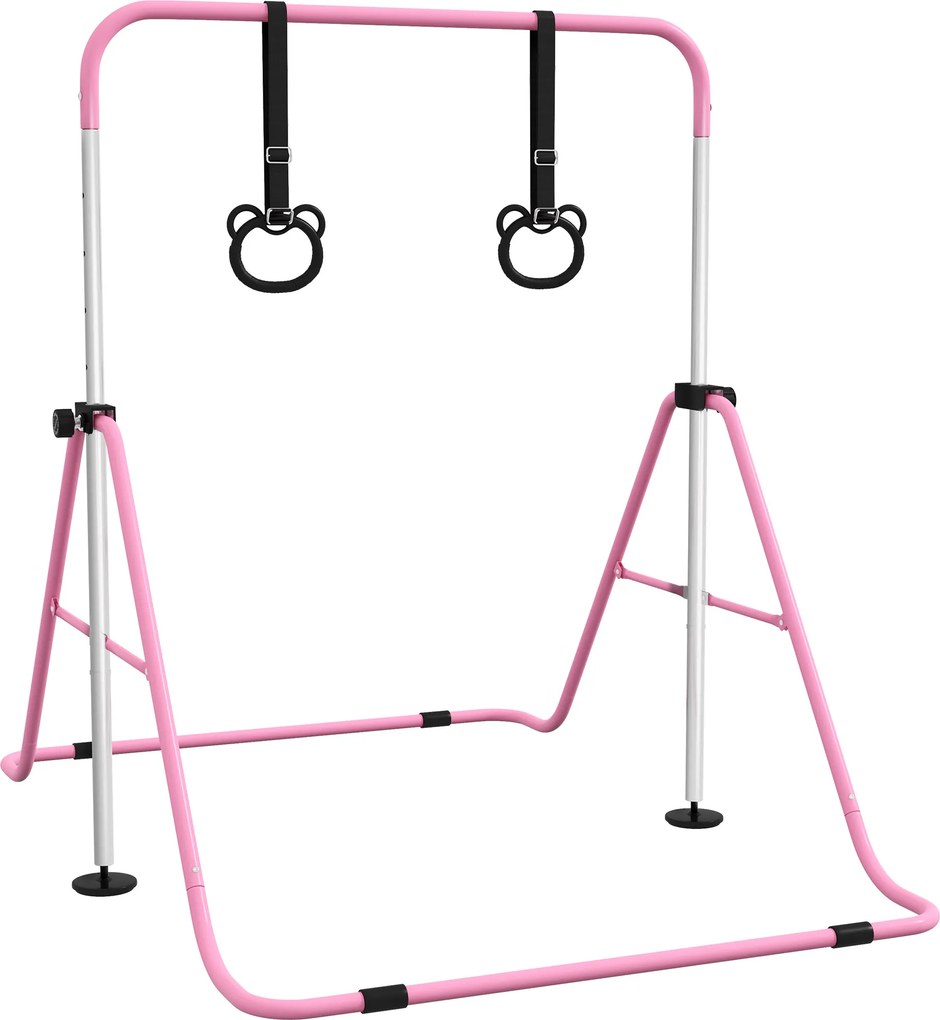 HOMCOM Barra de Ginástica para Crianças com Altura Ajustável em 5 Níveis Anéis e Dobrável 148x105x88-128 cm Rosa | Aosom Portugal