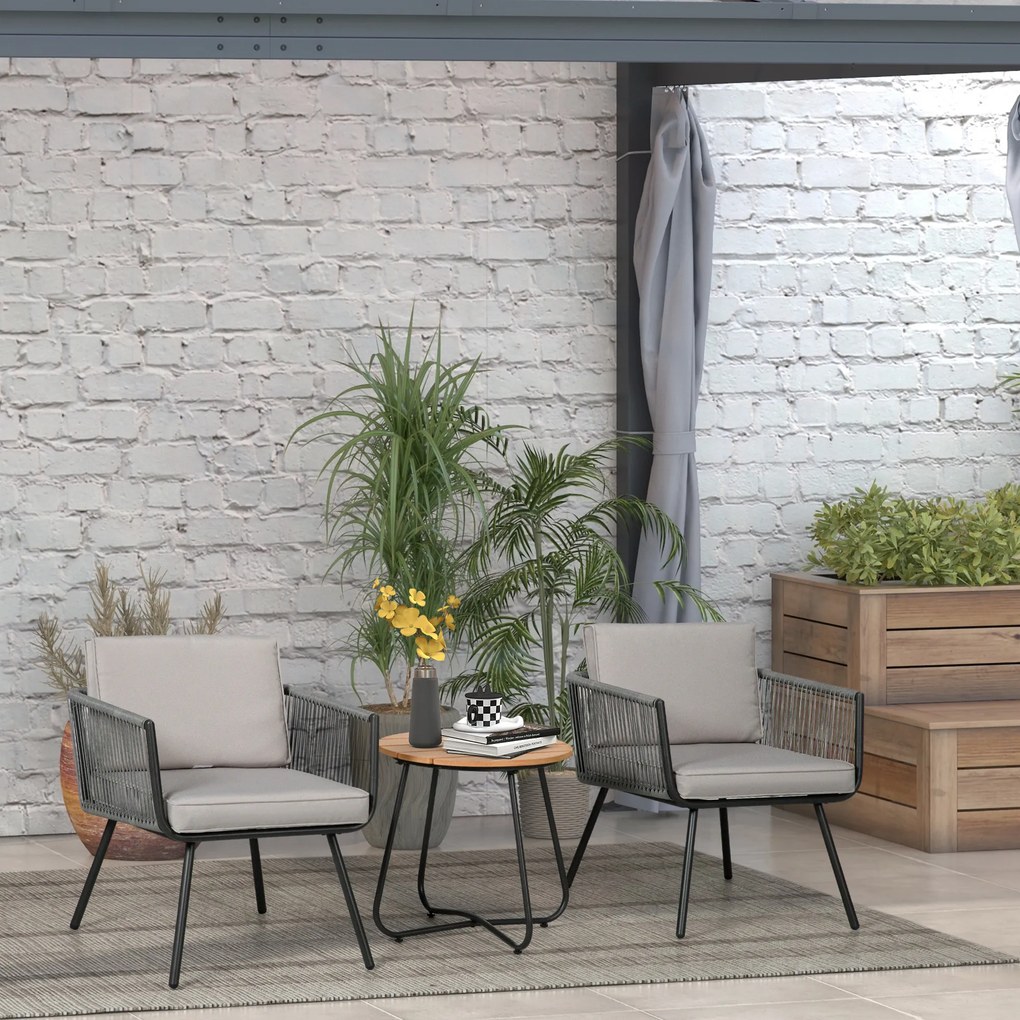 Conjunto de Móveis de Jardim de Vime 3 Peças Incluí 1 Mesa de Centro e 2 Poltronas com Almofadas Acolchoadas Cinzento