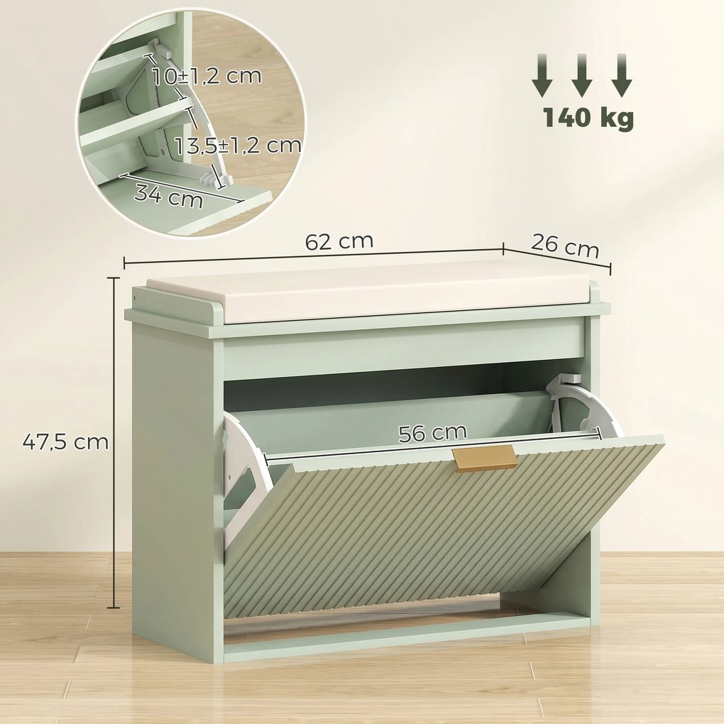 Banco para Sapatos, 62 x 26 x 47,5 cm, Duas Gavetas com Prateleiras Reguláveis, Verde