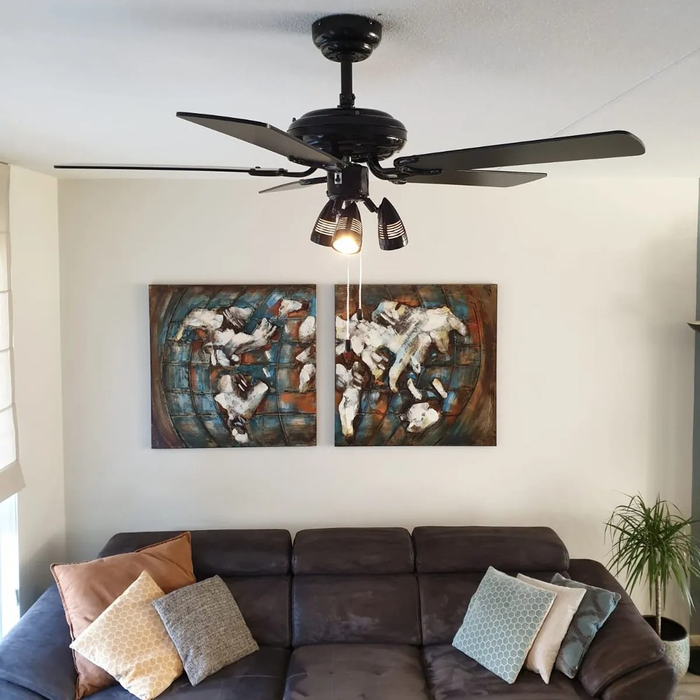 Ventilador de teto preto 110cm 3-luzes com cordão de tração - Mistral