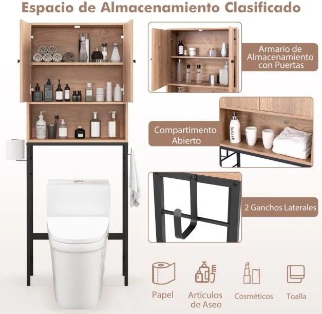 Armario para casa de banho sobre a sanita com 2 portas 23 x 63 x 165,5 cm Natural
