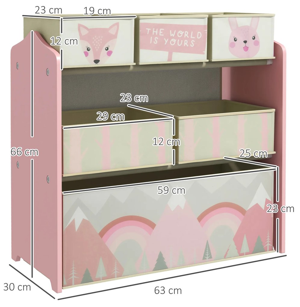 ZONEKIZ Estante para Brinquedos com 6 Caixas de Tecido não Tecido Amovíveis Organizador de Brinquedos 63x30x66 cm Rosa