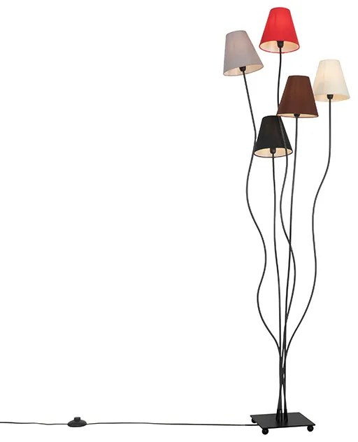 Candeeiro de pé design preto com abajures de tecido 5 luzes - Melis Moderno