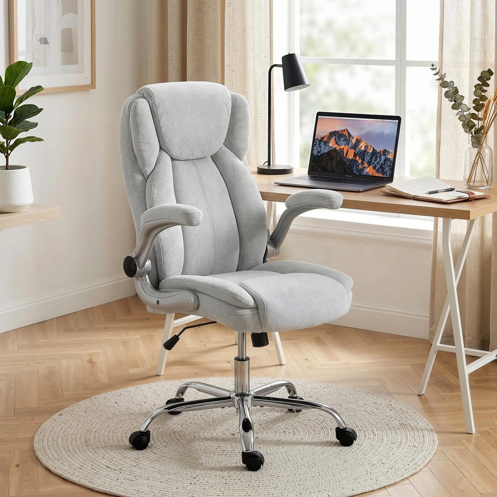Cadeira de Escritório Apoios de Braços Rebatíveis Altura Ajustável Função Basculante e Estofada em Veludo 68x69x118 cm Creme