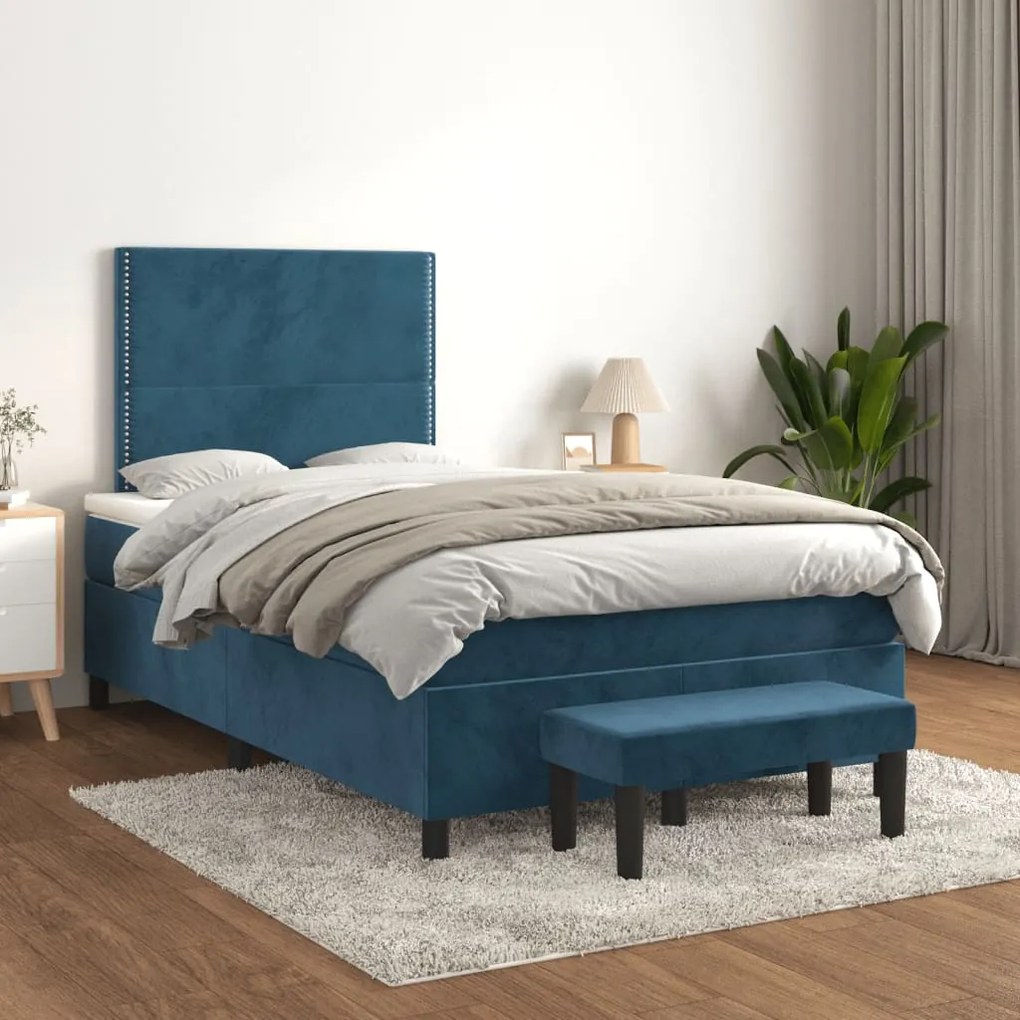 Cama boxspring com colchão 120x190 cm veludo azul-escuro