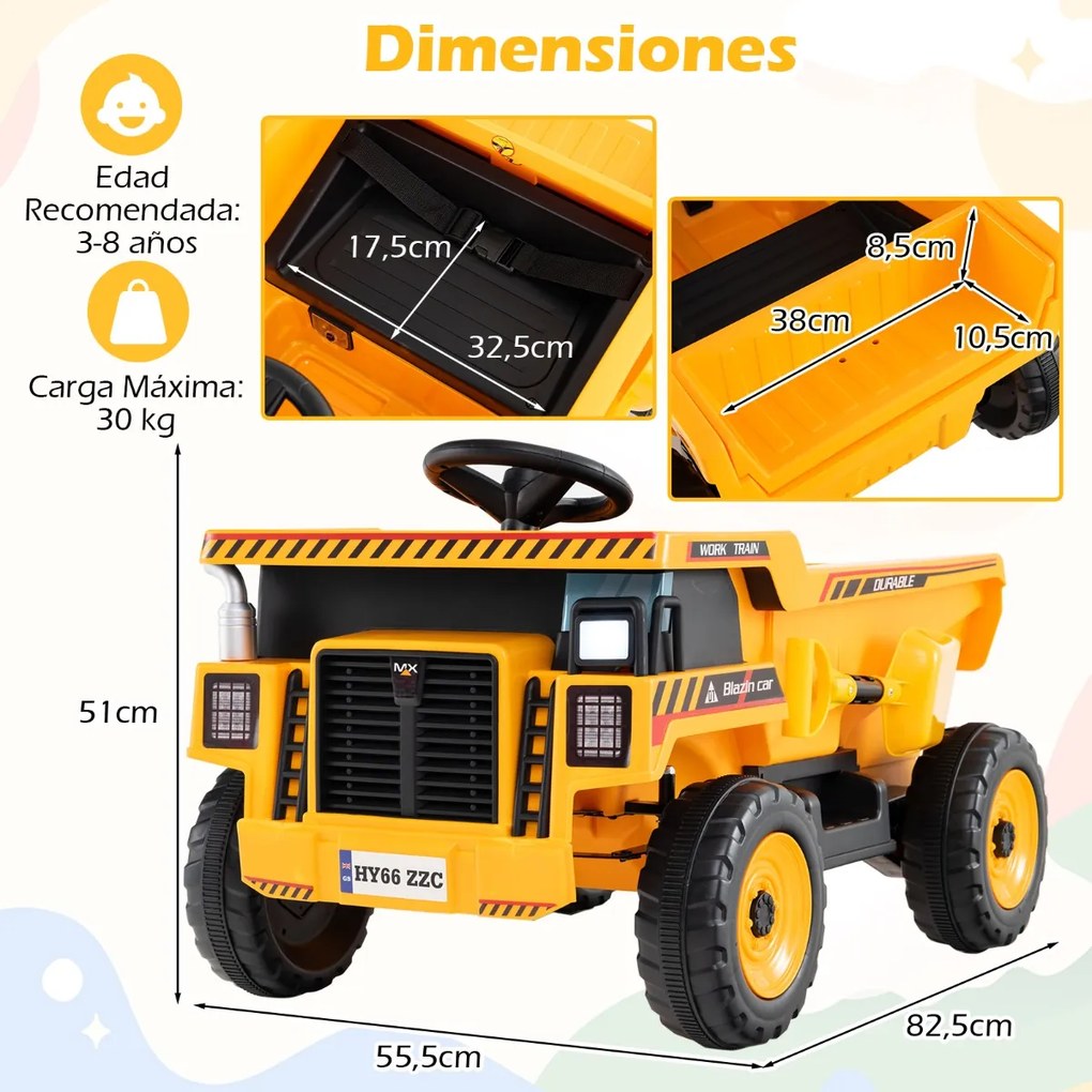Camião basculante elétrico de 24 V para criançasde construção de 4 rodas com caçamba basculante Pá Controle remoto Música Amarelo