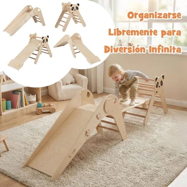 Parque dobrável para escalada para crianças Montessori de escalada em madeira com tema de panda Ginásio interior com escorrega Natural
