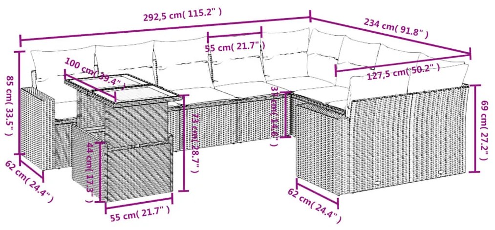 10 pcs conjunto de sofás p/ jardim com almofadões vime PE bege