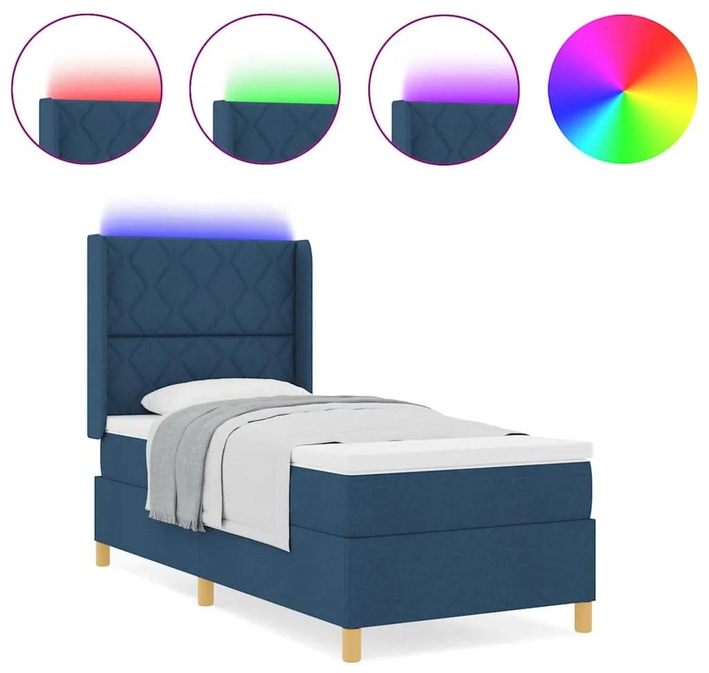 Cama Box com Colchão e LED Azul 90x200 cm em Tecido