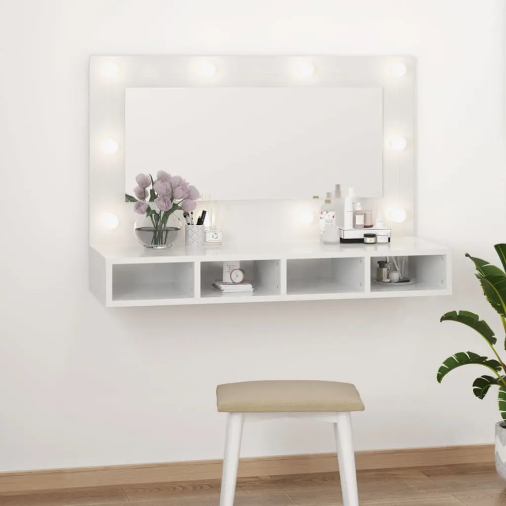 Armário espelhado com LED 90x31,5x62 cm branco brilhante