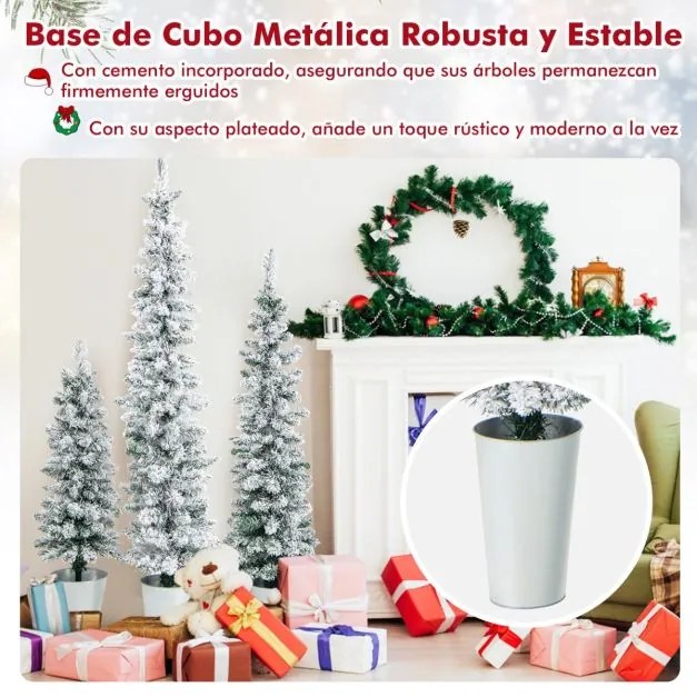 Conjunto de 3 árvores de Natal artificiais com neve e barris de metal cheios de cimento