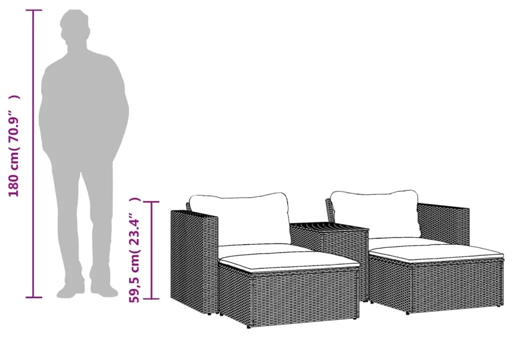 5 pcs conjunto sofás de jardim com almofadões acácia e vime PE
