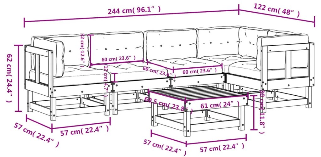 6pcs conjunto lounge jardim c/ almofadões madeira maciça branco
