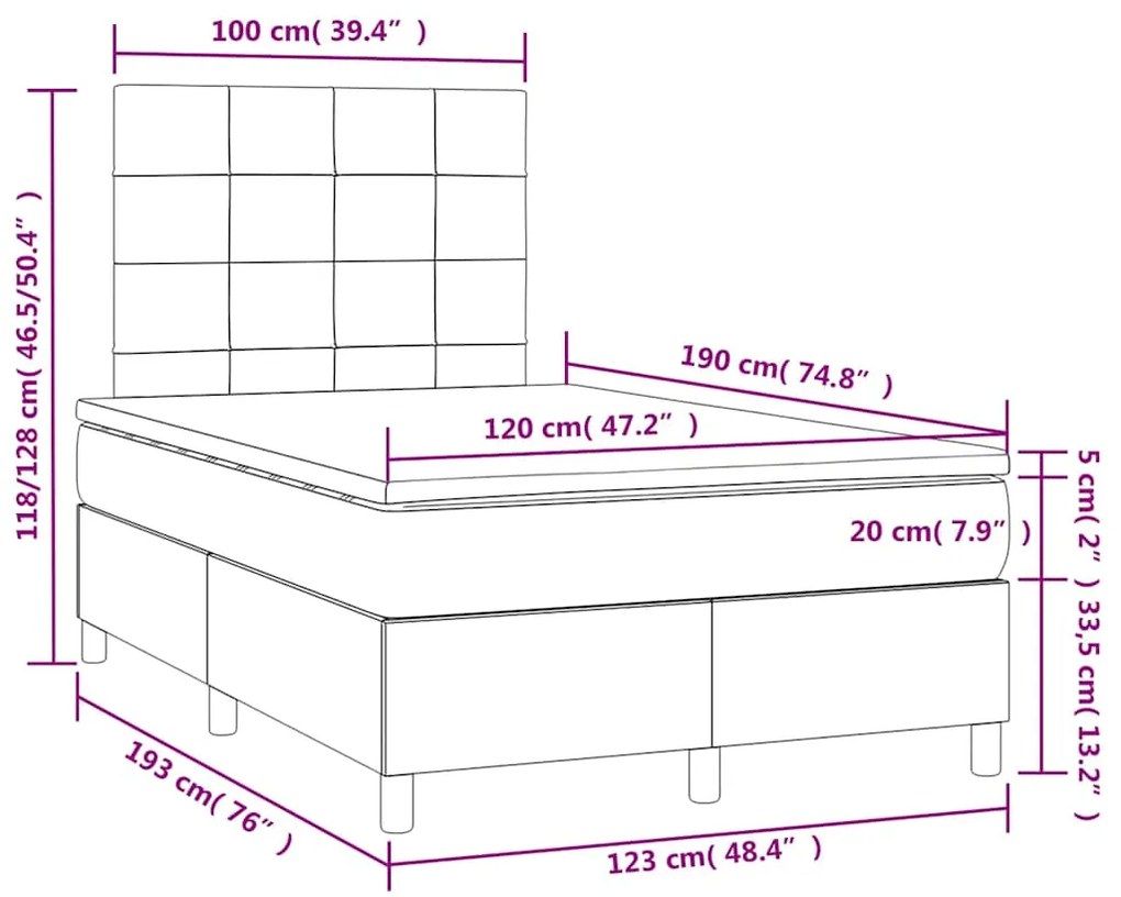 Cama box spring c/ colchão e LED 120x190 cm tecido azul