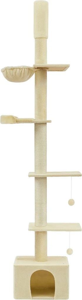 Arranhador para gatos, ajustável em altura 45 x 30 x (231-291) cm, com vários níveis e caverna bege