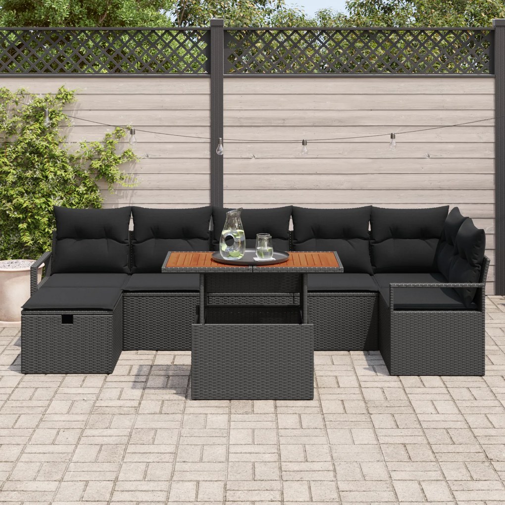 Conjunto de Sofá de Jardim vidaXL com Almofadas Pretas de Rattan PE, S
