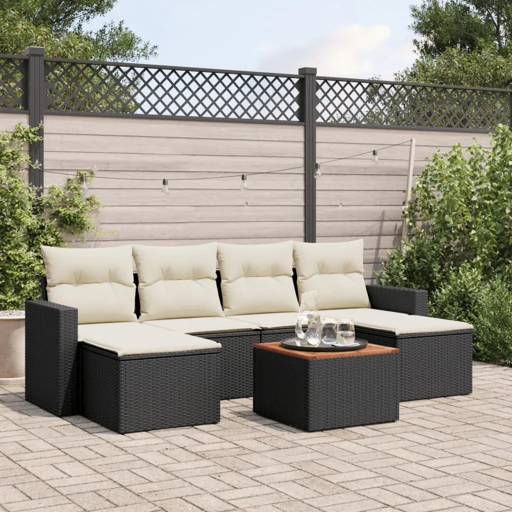 7 pcs conjunto de sofás p/ jardim c/ almofadões vime PE preto