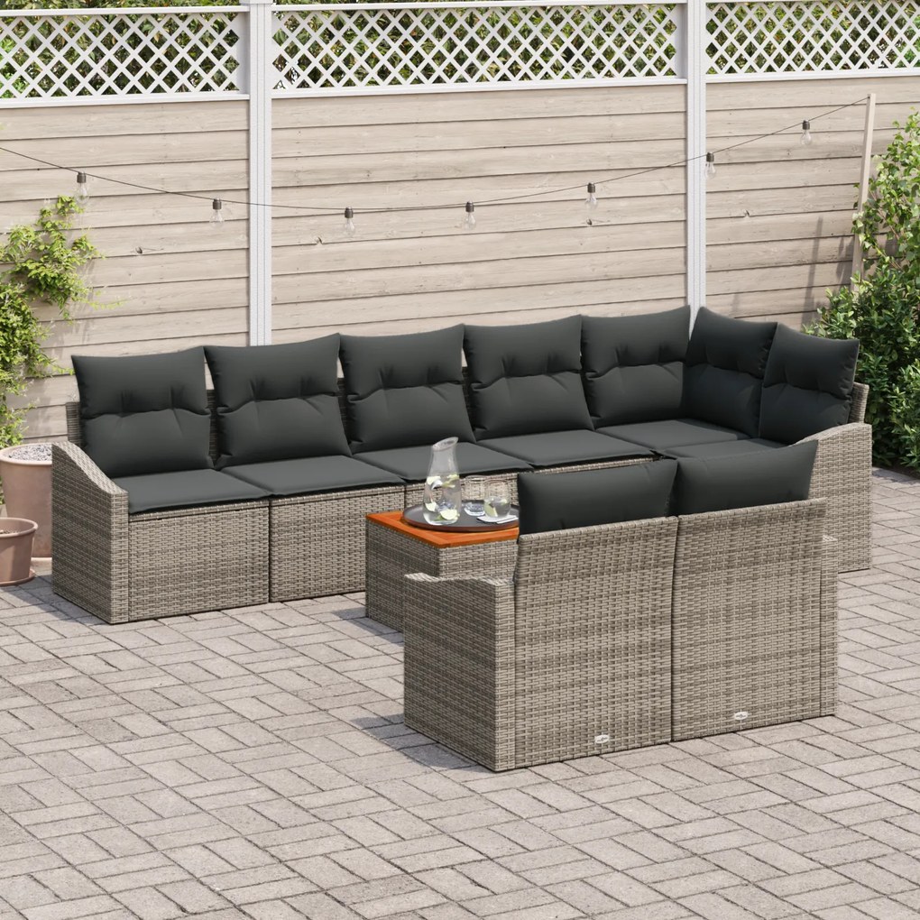 Conjunto de Sofás de Jardim de 9 Peças com Almofadas Cinza Rattan Poli
