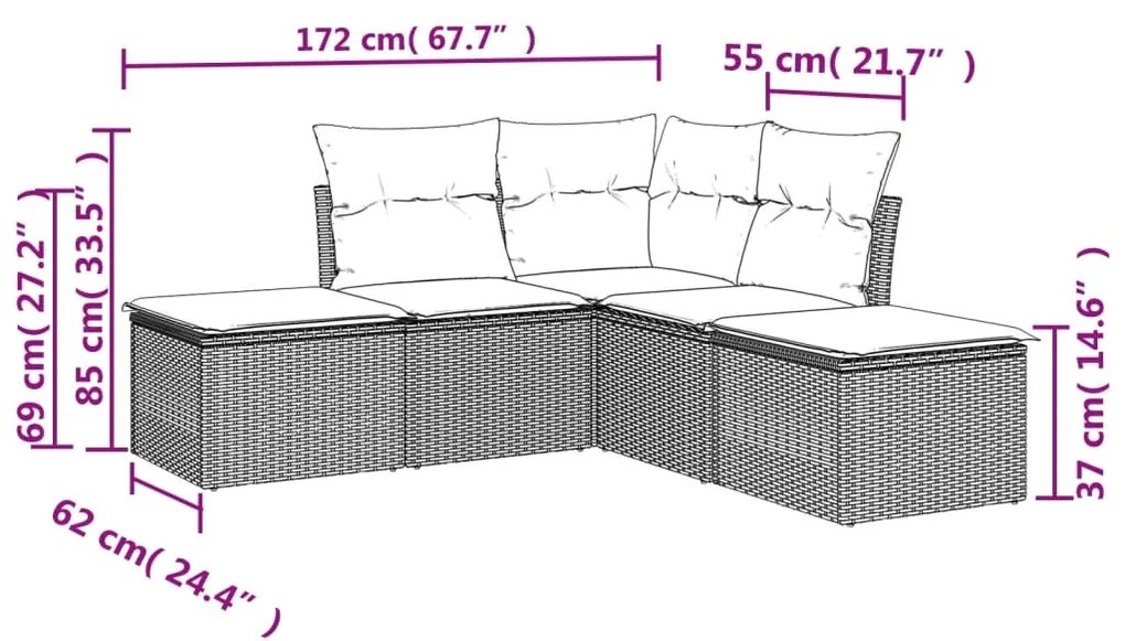 5 pcs conjunto sofás de jardim com almofadões vime PE preto