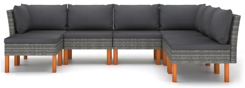 7 pcs conjunto lounge de jardim c/ almofadões vime PE cinzento