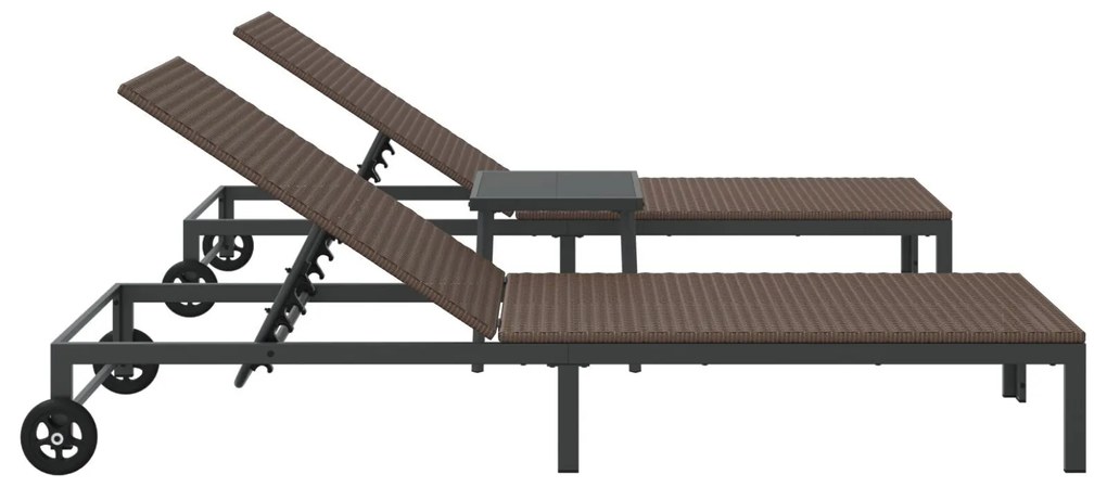 Conjuntos de espreguiçadeiras 2 pcs com rodas e mesa em rattan sintéti