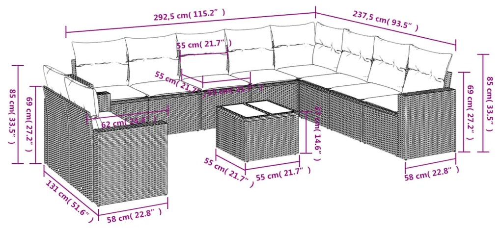 11 pcs conjunto sofás de jardim c/ almofadões vime PE cinzento