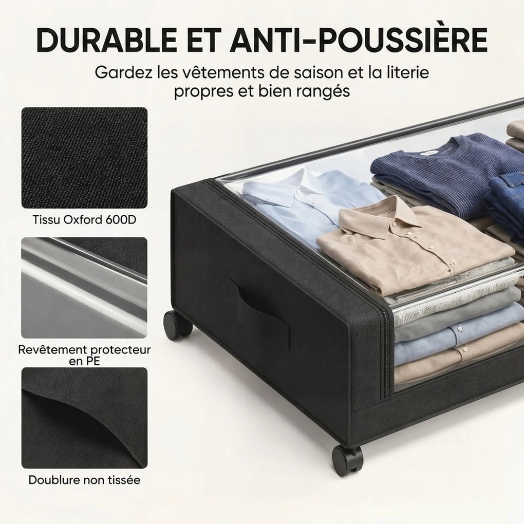 Conjunto de 2 Caixas de Arrumação Debaixo da Cama com Rodas, 78 x 44 x 16 cm, Capacidade de 40 L, Preto