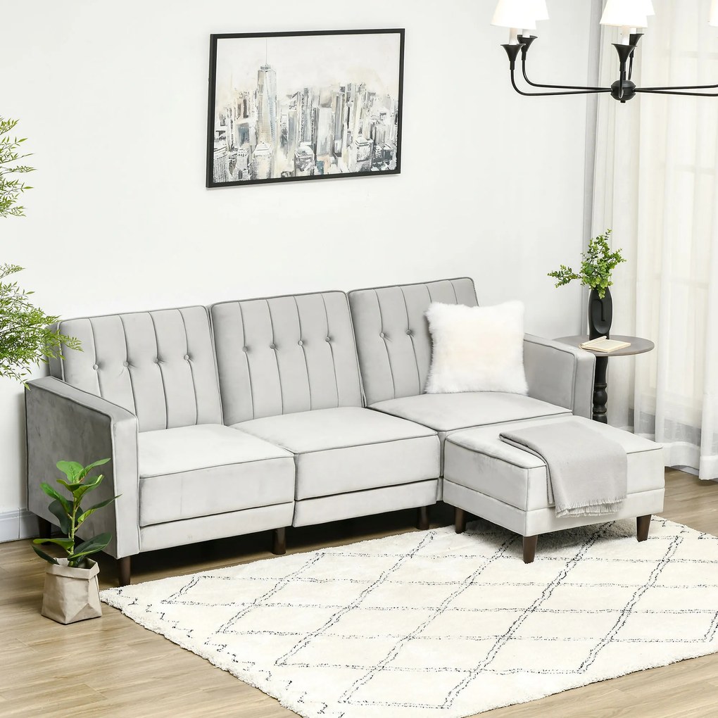 HOMCOM Sofá Cama com Chaise Longue de 3 Lugares Tato Aveludado com Encosto Ajustável e Apoio para os Pés Móvel 218x85x86cm Cinza
