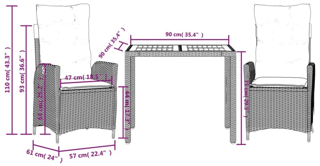 3 pcs conjunto de jantar p/ jardim c/ almofadões vime PE cinza