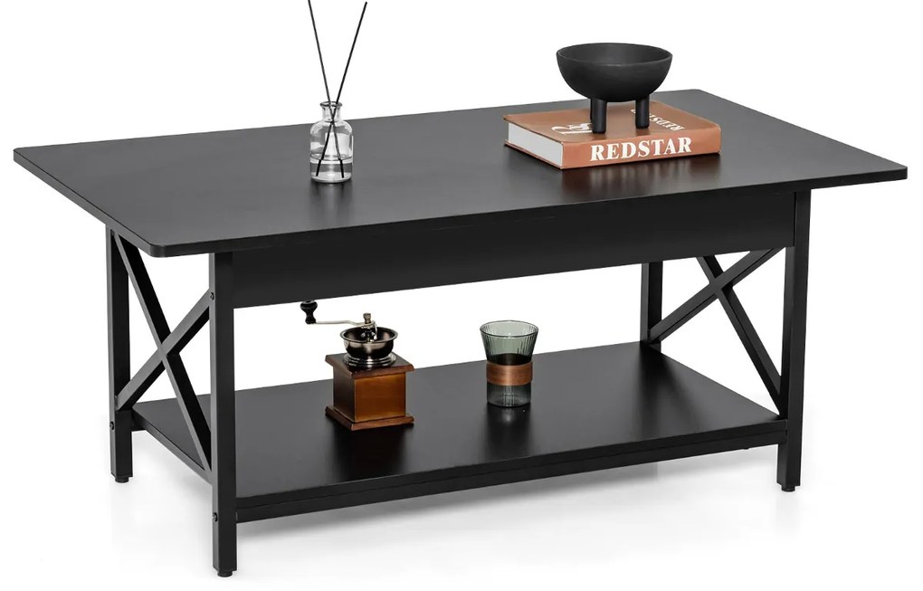 Mesa de centro retangular 110 x 60 x 48 cm industrial de 2 níveis com prateleira de armazenamento e estrutura metálica em forma de X Mesa preta